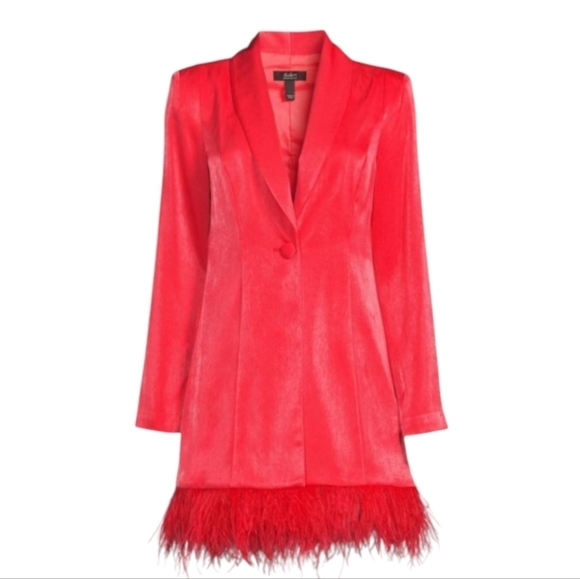 Aiden Mattox Deep Coral Feather Trim Tuxedo Dress, Sz 18 - Picture 1 of 4